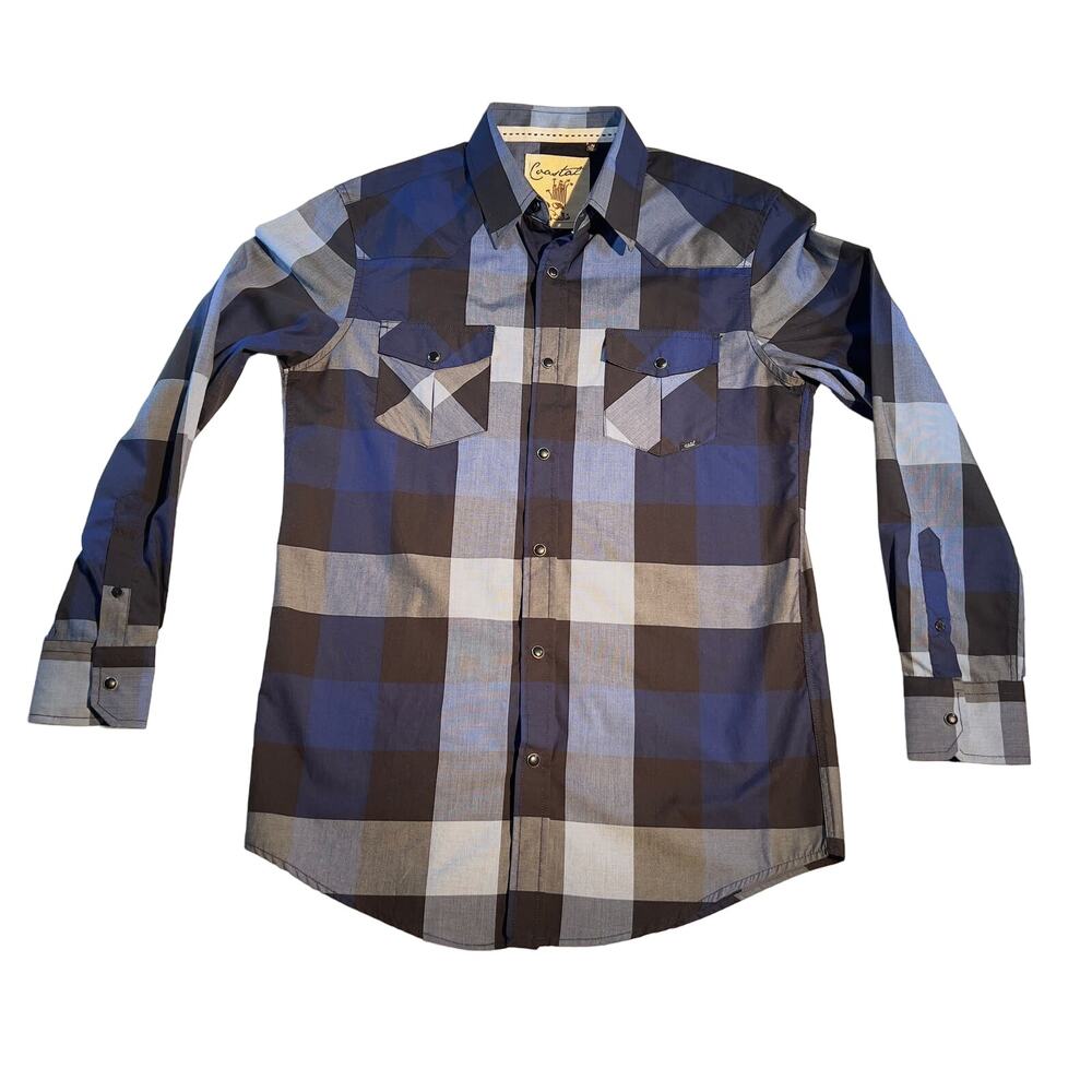 Coastal Metal Pearl Snap Button Shirt Men Medium Blue Check Pockets Surf Western